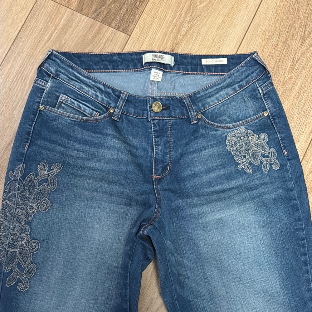 Vintage America Blue Embroidered Cropped Jeans